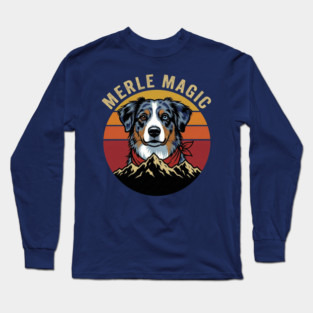 Merle Magic Australian Shepherd Retro Sunset Mountain Aussie Dog Art Long Sleeve T-Shirt