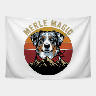 Merle Magic Australian Shepherd Retro Sunset Mountain Aussie Dog Art Tapestry