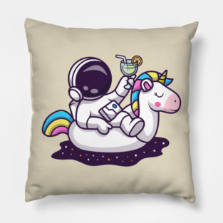 Cute Astronaut Relaxing On Unicorn Balloon with Orange Juice  In Space Cartoon Pillow