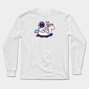 Cute Astronaut Relaxing On Unicorn Balloon with Orange Juice  In Space Cartoon Long Sleeve T-Shirt