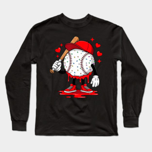 Cute Dripping Baseball Lover Valentine Hearts Fun Sports Romance Design Long Sleeve T-Shirt