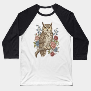Vintage Botanical Great Horned Owl Baseball T-Shirt