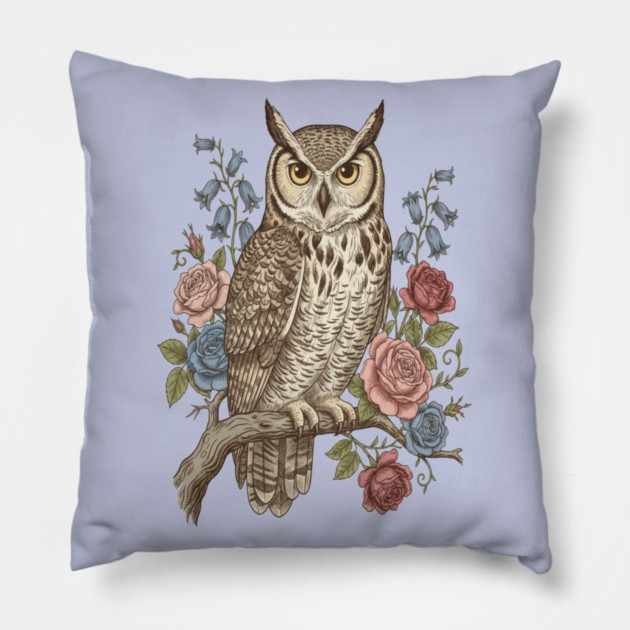 Vintage Botanical Great Horned Owl Pillow by BirdsnStuff
