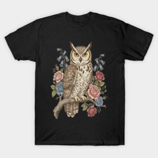 Vintage Botanical Great Horned Owl T-Shirt