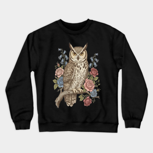 Vintage Botanical Great Horned Owl Crewneck Sweatshirt by BirdsnStuff