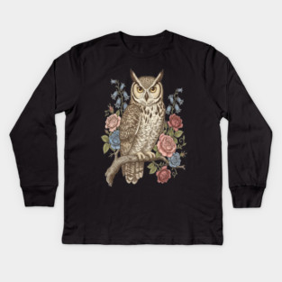 Vintage Botanical Great Horned Owl Kids Long Sleeve T-Shirt