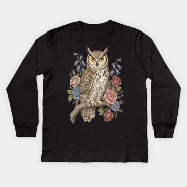 Vintage Botanical Great Horned Owl Kids Long Sleeve T-Shirt by BirdsnStuff