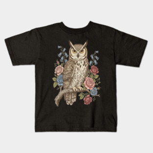 Vintage Botanical Great Horned Owl Kids T-Shirt