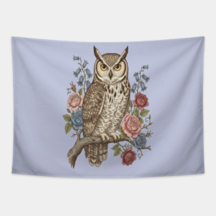 Vintage Botanical Great Horned Owl Tapestry