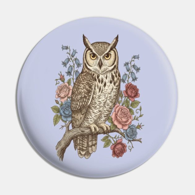 Vintage Botanical Great Horned Owl Pin by BirdsnStuff