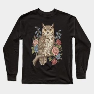 Vintage Botanical Great Horned Owl Long Sleeve T-Shirt