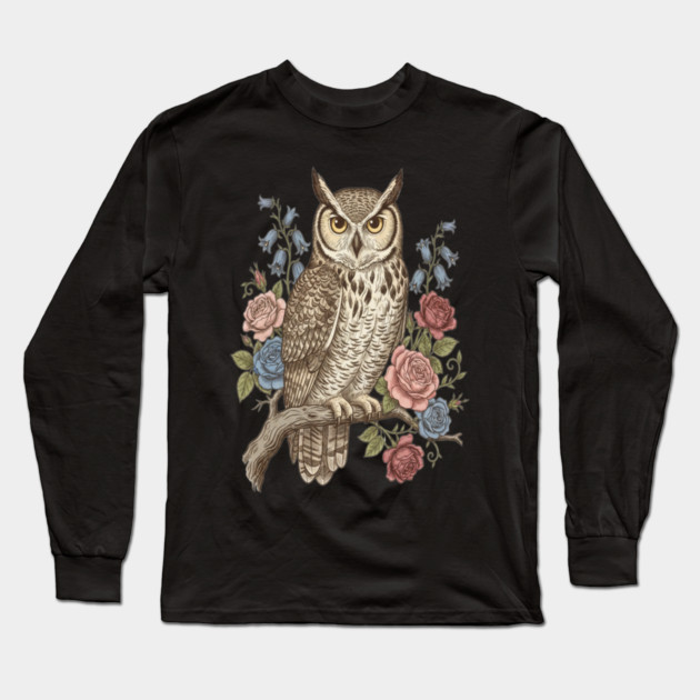 Vintage Botanical Great Horned Owl Long Sleeve T-Shirt by BirdsnStuff