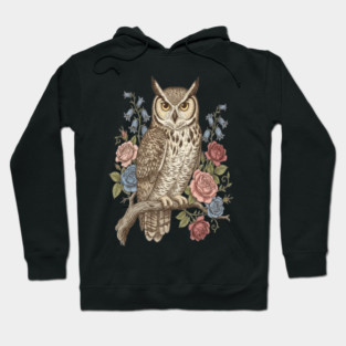 Vintage Botanical Great Horned Owl Hoodie