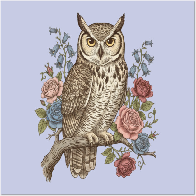 Vintage Botanical Great Horned Owl Wall Art by BirdsnStuff