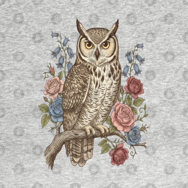 Vintage Botanical Great Horned Owl by BirdsnStuff