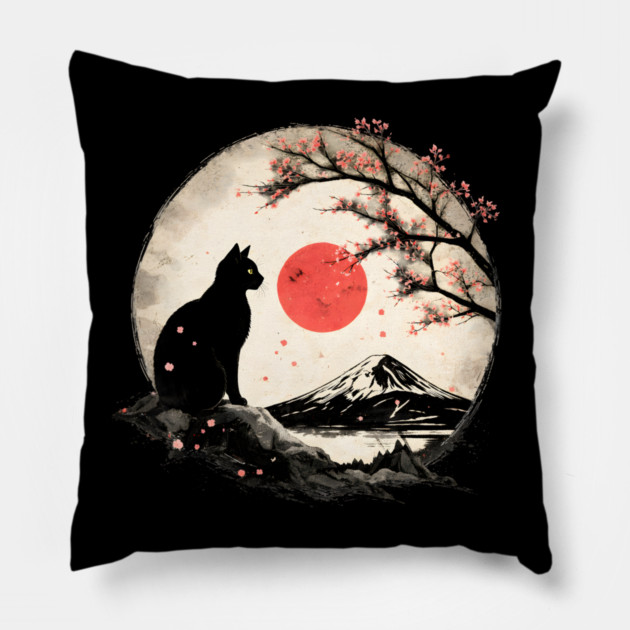 Cat Under Red Moon Sakura Night Pillow by Champanie's Store