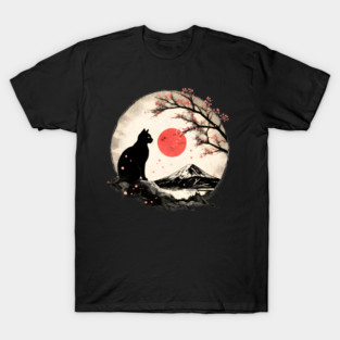 Cat Under Red Moon Sakura Night T-Shirt