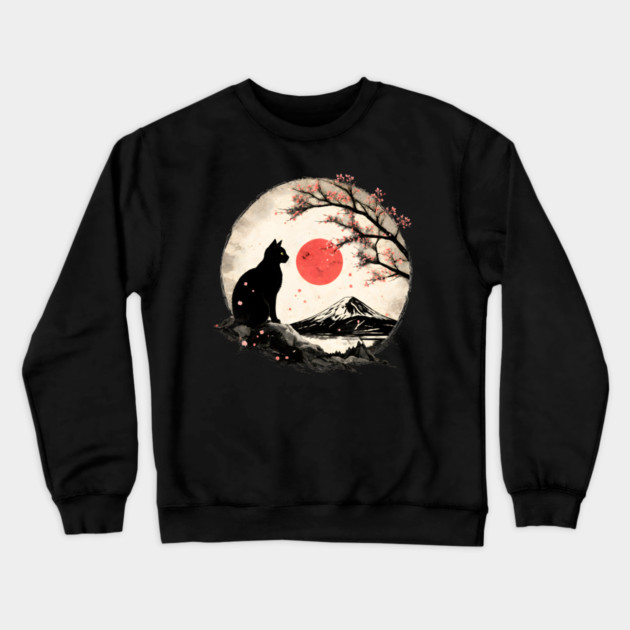 Cat Under Red Moon Sakura Night Crewneck Sweatshirt by Champanie's Store
