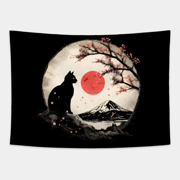 Cat Under Red Moon Sakura Night Tapestry by Champanie's Store
