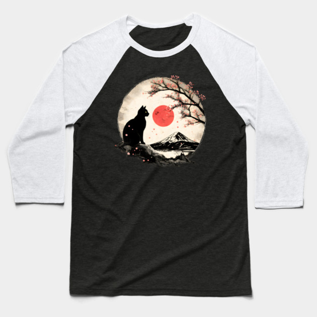 Cat Under Red Moon Sakura Night Baseball T-Shirt by Champanie's Store
