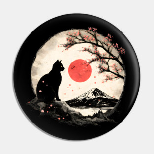 Cat Under Red Moon Sakura Night Pin