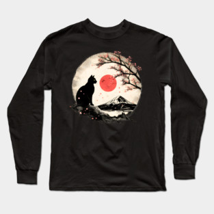 Cat Under Red Moon Sakura Night Long Sleeve T-Shirt