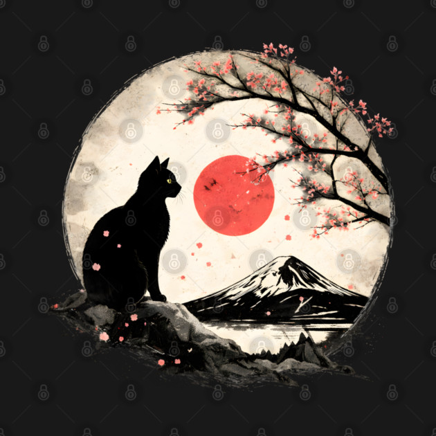 Cat Under Red Moon Sakura Night by Champanie's Store