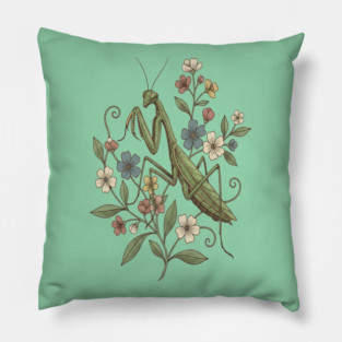 Praying Mantis Botanical Design Pillow