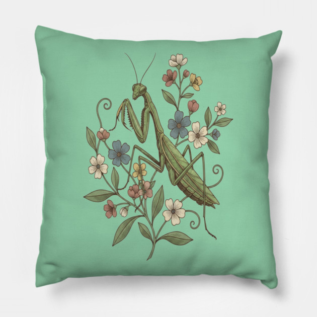 Praying Mantis Botanical Design Pillow by BirdsnStuff