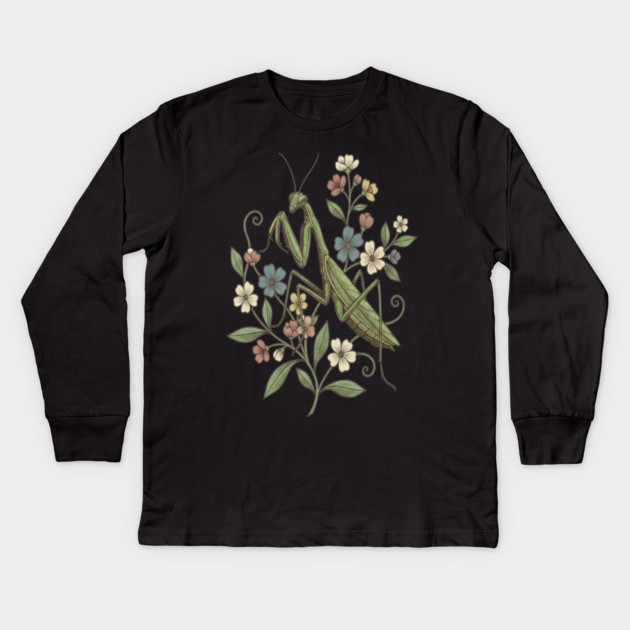 Praying Mantis Botanical Design Kids Long Sleeve T-Shirt by BirdsnStuff