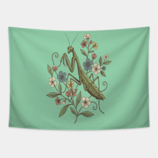 Praying Mantis Botanical Design Tapestry