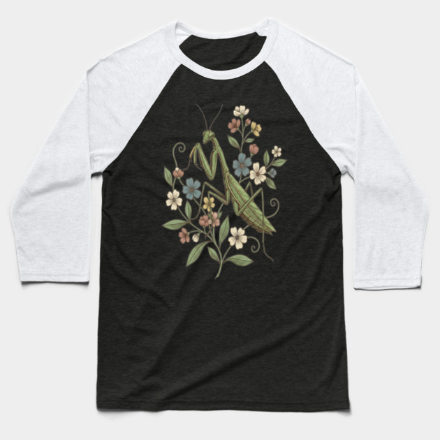Praying Mantis Botanical Design Baseball T-Shirt by BirdsnStuff