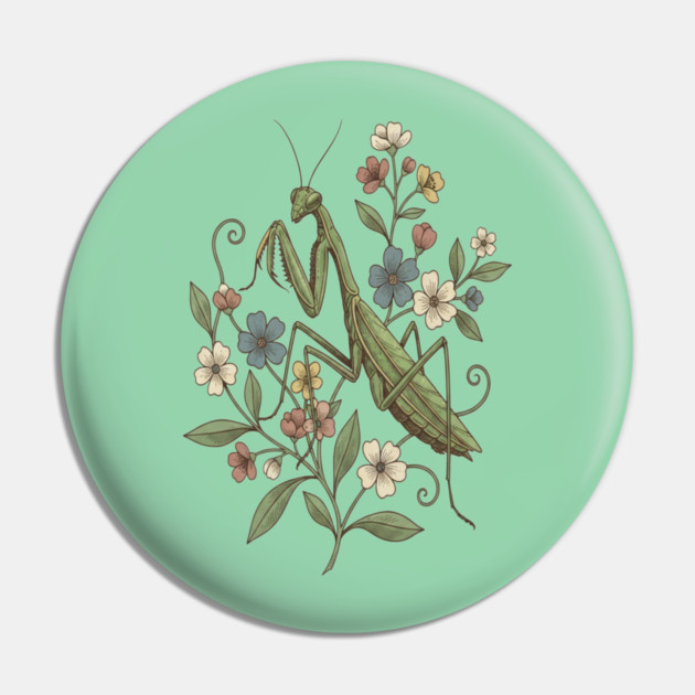 Praying Mantis Botanical Design Pin by BirdsnStuff