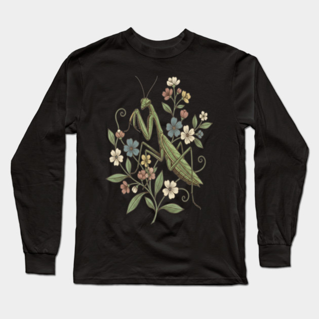 Praying Mantis Botanical Design Long Sleeve T-Shirt by BirdsnStuff