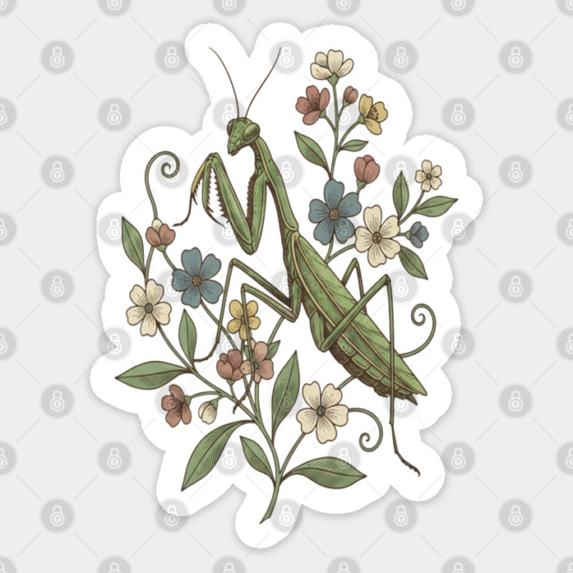 Praying Mantis Botanical Design Sticker by BirdsnStuff