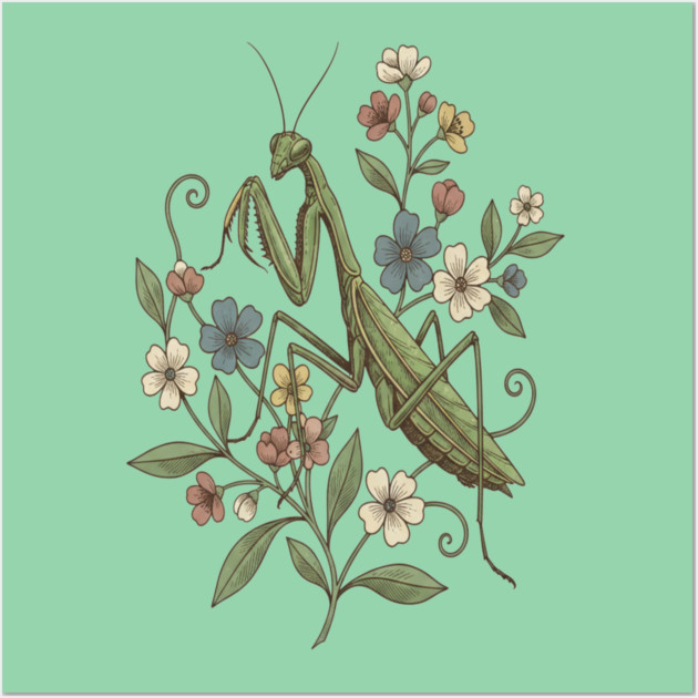 Praying Mantis Botanical Design Wall Art by BirdsnStuff