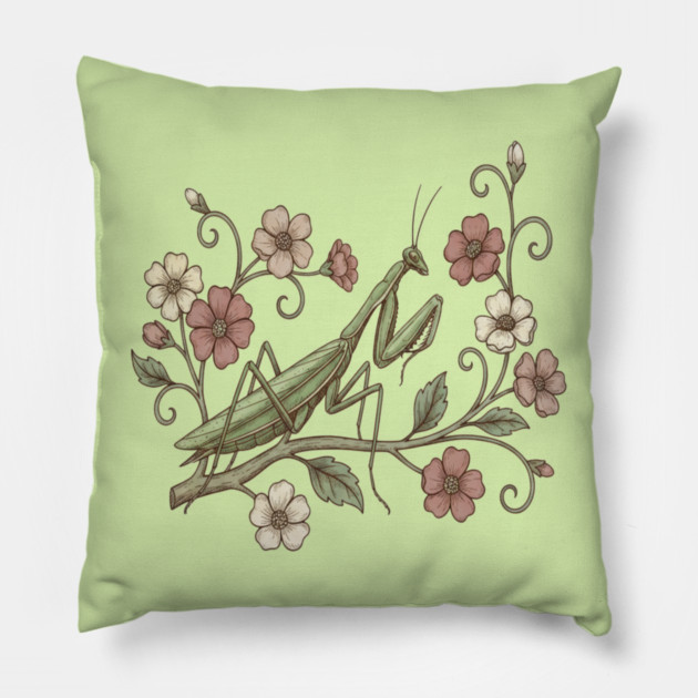 Praying Mantis Floral Nature Pillow by BirdsnStuff