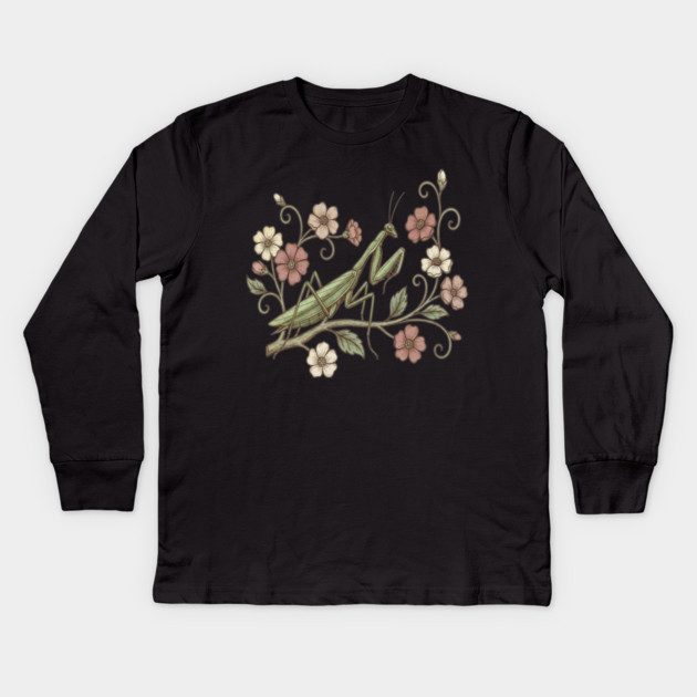 Praying Mantis Floral Nature Kids Long Sleeve T-Shirt by BirdsnStuff