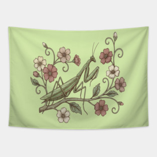 Praying Mantis Floral Nature Tapestry
