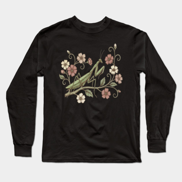 Praying Mantis Floral Nature Long Sleeve T-Shirt by BirdsnStuff