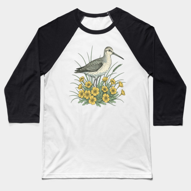 Sandpiper Coastal Botanical Art Baseball T-Shirt by BirdsnStuff