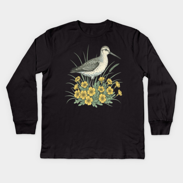 Sandpiper Coastal Botanical Art Kids Long Sleeve T-Shirt by BirdsnStuff