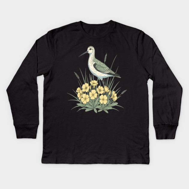 Vintage Sandpiper Seaside Floral Design Kids Long Sleeve T-Shirt by BirdsnStuff