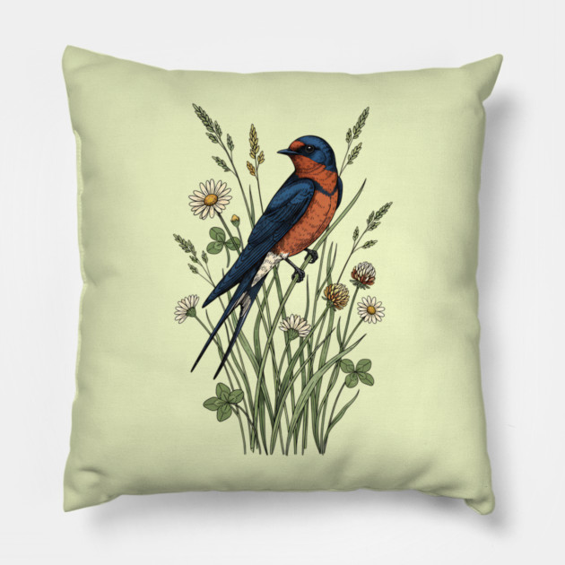Vintage Barn Swallow Wildflower Art Pillow by BirdsnStuff