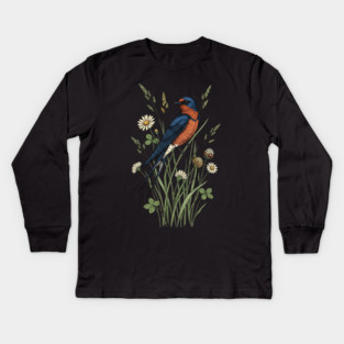 Vintage Barn Swallow Wildflower Art Kids Long Sleeve T-Shirt