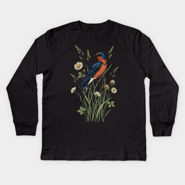 Vintage Barn Swallow Wildflower Art Kids Long Sleeve T-Shirt by BirdsnStuff