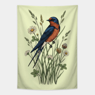 Vintage Barn Swallow Wildflower Art Tapestry