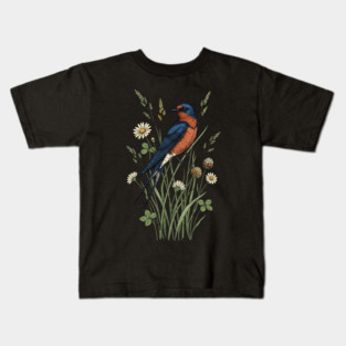 Vintage Barn Swallow Wildflower Art Kids T-Shirt