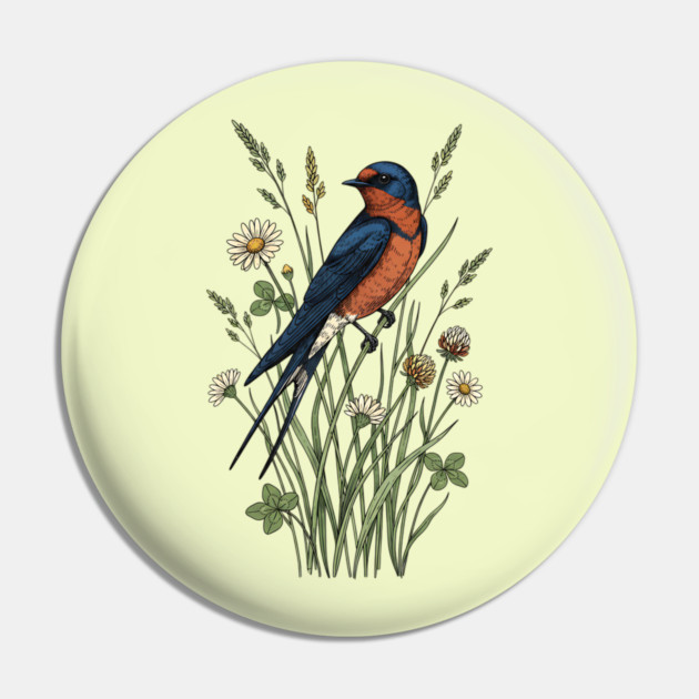 Vintage Barn Swallow Wildflower Art Pin by BirdsnStuff