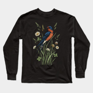 Vintage Barn Swallow Wildflower Art Long Sleeve T-Shirt